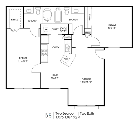 Floor plan for 2 beds, 2 baths, 1076 sqft